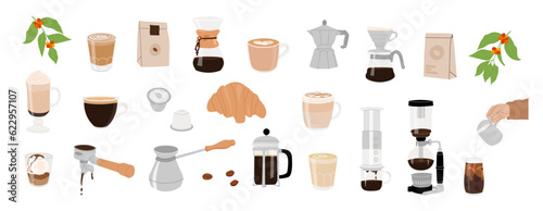Collection of coffee equipment for manual brew methods isolated vector cliparts. Hand drawn illustrations for coffee shop. Different type of coffee cups, pour over, french press, aeropress, siphon.