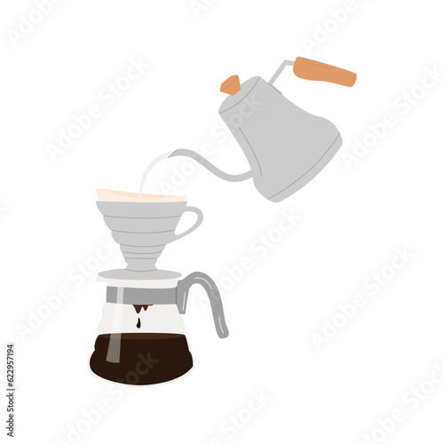 Pour over drip coffee artwork. Manual alternative coffee brewing technique and method. Hand drawn vector illustration isolated on background.