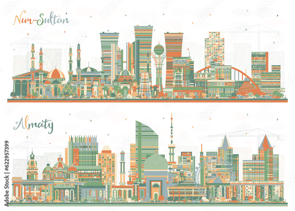 Collection of Kazakhstani Cities. Almaty and Nur-Sultan Kazakhstan City Skyline Set with Color Buildings.