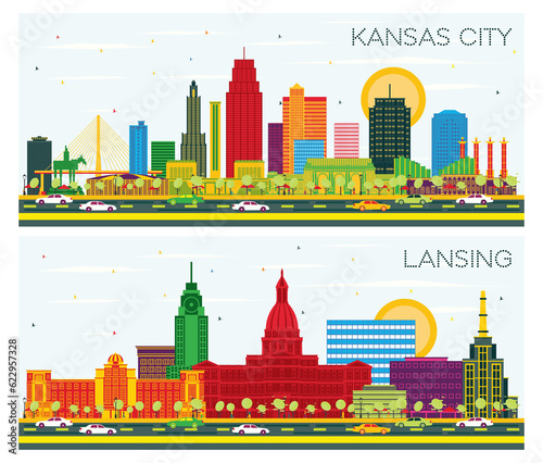 Lansing Michigan and Kansas City Missouri City Skyline Set.