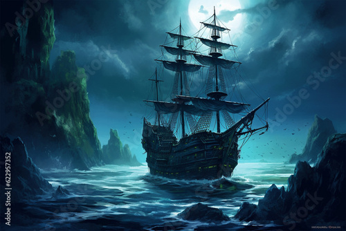 horror background, a ghost ship at sea