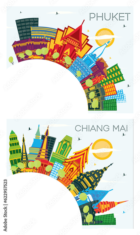 Chiang Mai and Phuket Thailand City Skyline Set with Color Buildings, Blue Sky and Copy Space.