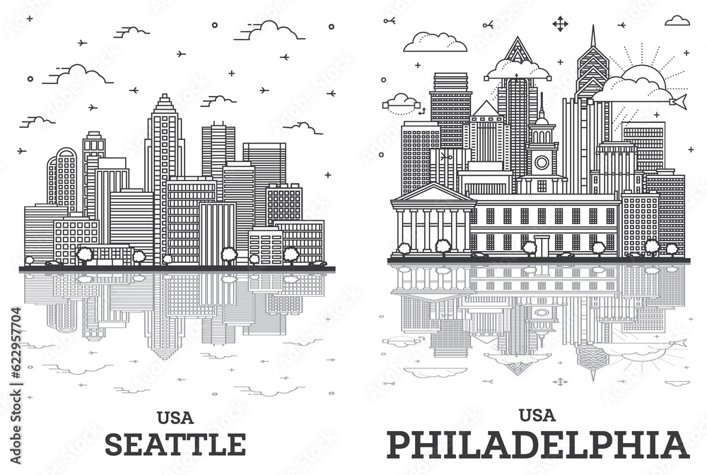Outline Philadelphia Pennsylvania and Seattle Washington USA City Skyline Set.