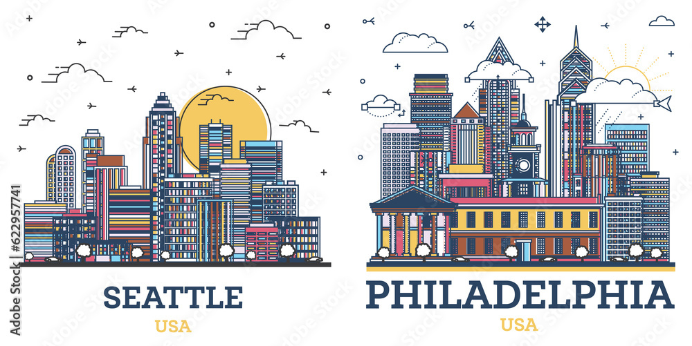 Naklejka premium Outline Philadelphia Pennsylvania and Seattle Washington USA City Skyline Set.