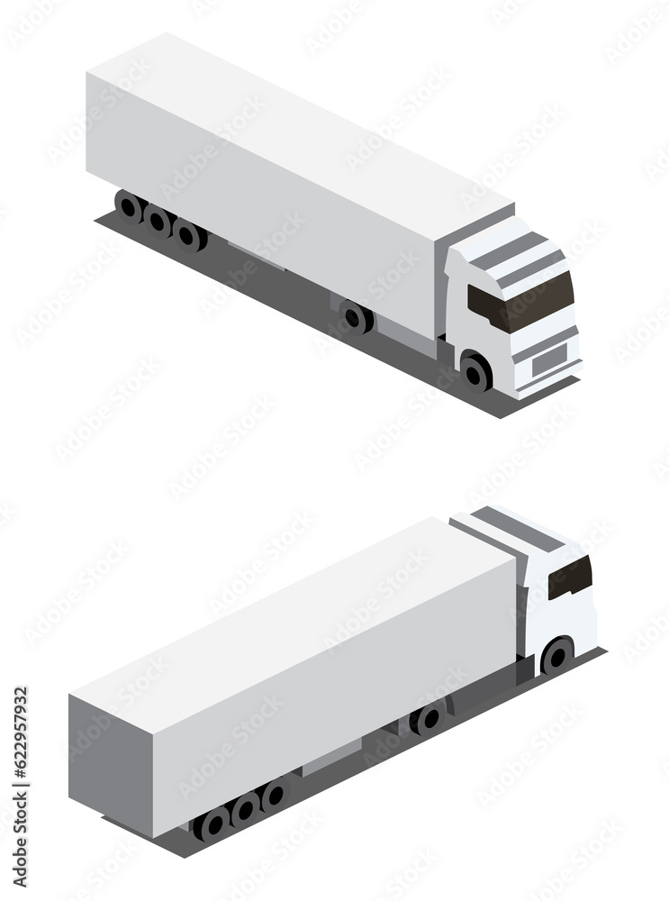 Isometric White Cargo Truck Transportation Isolated on White. Modern Delivery Truck Vehicle. Car For The Carriage Of Goods. Isometric White Cargo Truck Transportation Isolated on White. Modern Delivery Truck Vehicle. Car For The Carriage Of Goods.