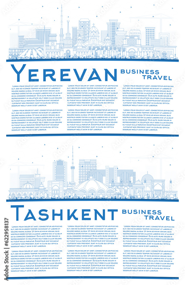 Outline Tashkent Uzbekistan and Yerevan Armenia City Skyline with Blue Buildings and Copy Space.