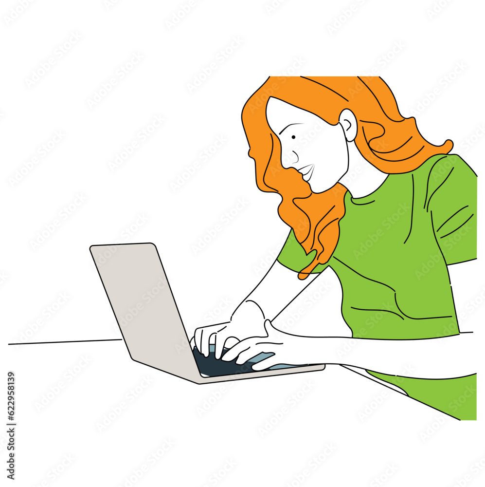 A businesswoman is sitting at a laptop. The girl is surfing the Internet or working at a computer. Vector single line hand drawing sketch illustration. A businesswoman is sitting at a laptop. The girl is surfing the Internet or working at a computer. Vector single line hand drawing sketch illustration.