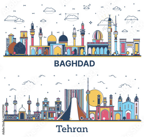 Outline Tehran Iran and Baghdad Iraq City Skyline Set with Colored Historic Buildings Isolated on White.