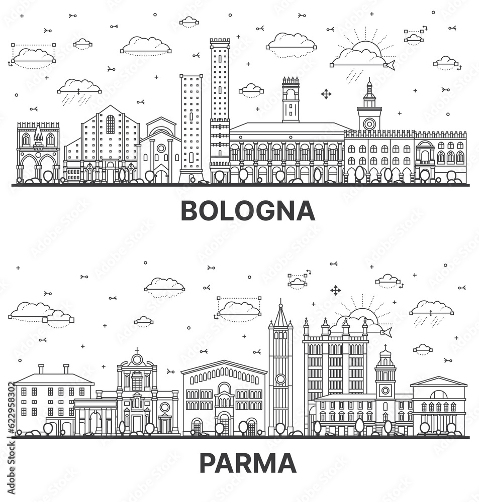 Outline Parma and Bologna Italy City Skyline Set with Historic Buildings Isolated on White.