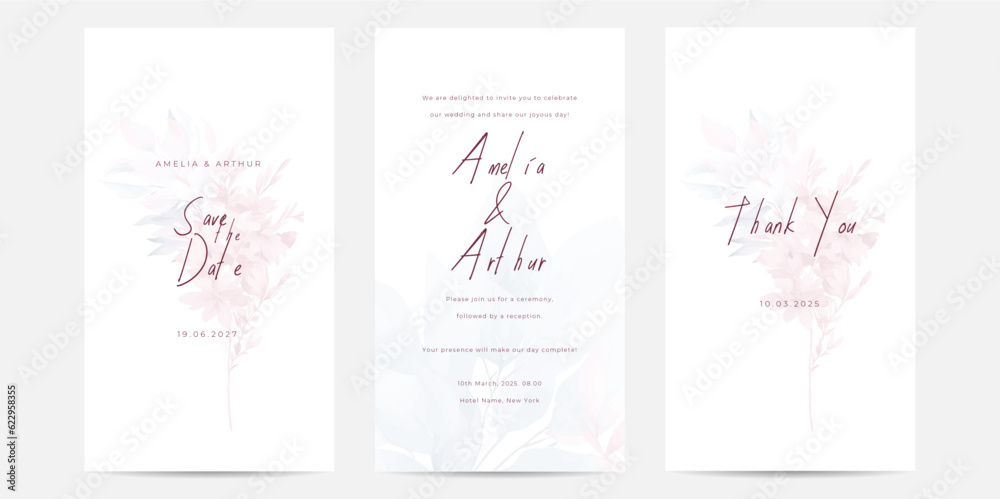 Vector watercolor wedding invitation floral and leaves card template
