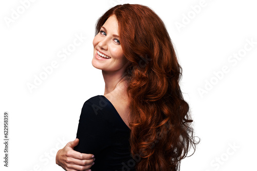 Portrait, smile or woman with red curly hair, texture shine and hairstyle volume, highlights or auburn extensions. Salon, shampoo clean or back of happy person isolated on transparent, png background