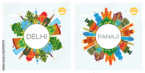 Panaji and Delhi India City Skyline Set with Color Buildings  Blue Sky and Copy Space.