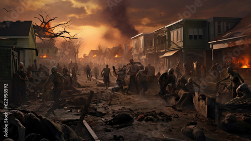 Zombie mob attacks a suburban town photo