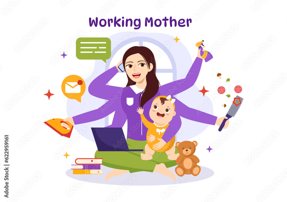 Working Mother Vector Illustration with Mothers who does Work and Takes Care of her Kids at the Home in Multitasking Cartoon Hand Drawn Templates