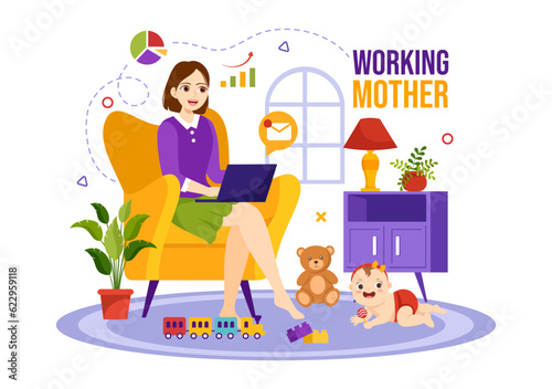 Working Mother Vector Illustration with Mothers who does Work and Takes Care of her Kids at the Home in Multitasking Cartoon Hand Drawn Templates