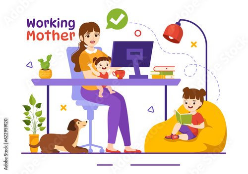 Working Mother Vector Illustration with Mothers who does Work and Takes Care of her Kids at the Home in Multitasking Cartoon Hand Drawn Templates