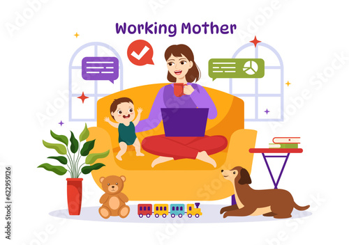 Working Mother Vector Illustration with Mothers who does Work and Takes Care of her Kids at the Home in Multitasking Cartoon Hand Drawn Templates