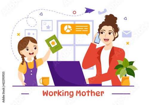 Working Mother Vector Illustration with Mothers who does Work and Takes Care of her Kids at the Home in Multitasking Cartoon Hand Drawn Templates