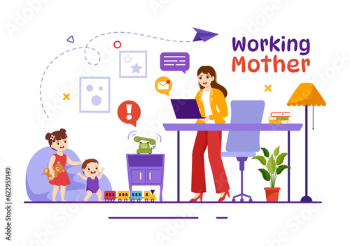 Working Mother Vector Illustration with Mothers who does Work and Takes Care of her Kids at the Home in Multitasking Cartoon Hand Drawn Templates