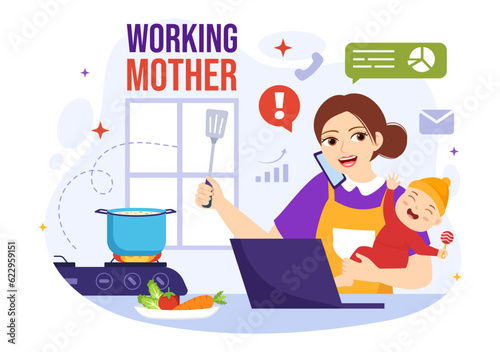 Working Mother Vector Illustration with Mothers who does Work and Takes Care of her Kids at the Home in Multitasking Cartoon Hand Drawn Templates