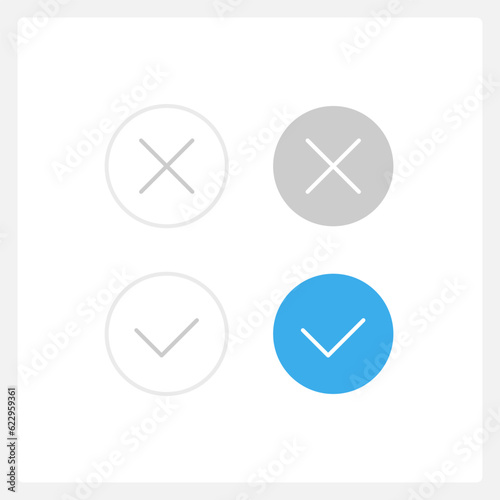 Accept and decline UI elements kit. Decision options isolated vector components. Flat navigation menus and interface buttons template. Light theme web design widget collection for mobile application