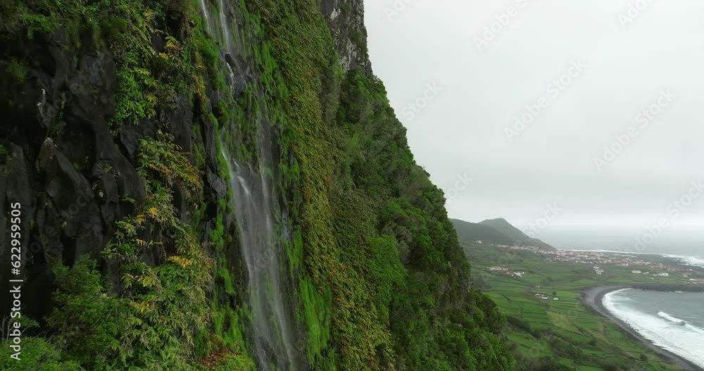 Flores island Azores waterfall aerial view Flores island Azores waterfall aerial view