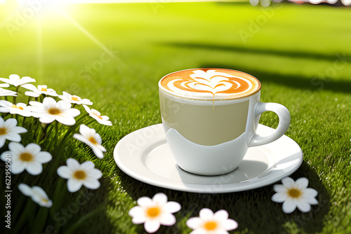 Steaming latte coffee on a lawn with flowers under the sun.Generative AI