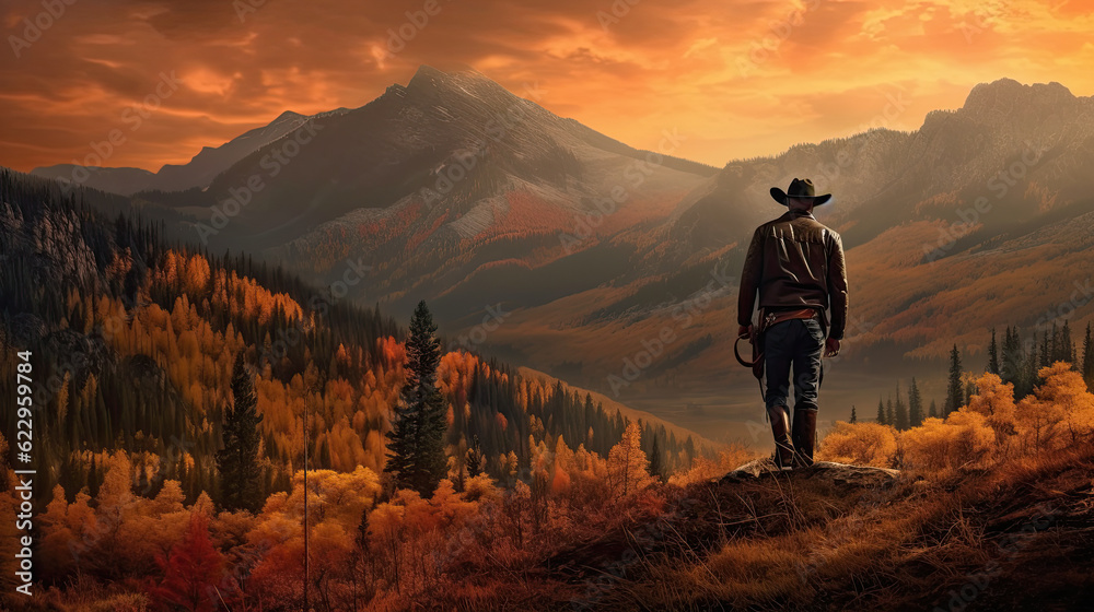 Adult man on cowboy hat standing on hill against mountain during sunrise
