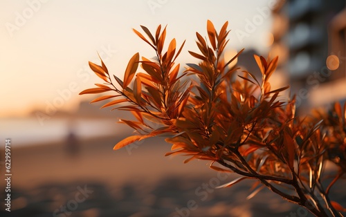  lonely palm tree calm sea water waves with orange sunrise sunset sky. Tropical generative ai