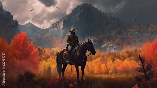 Adult man on cowboy hat standing on hill against mountain during sunrise