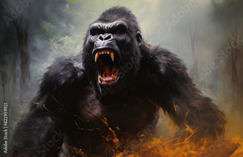 A mighty gorilla roars and shows his fangs. Great for stories on the jungle  adventure  travel  wildlife  animals  conservation  fantasy and more. 