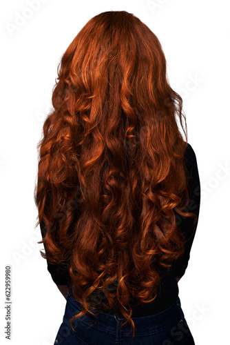 Canvastavla Wavy, back and woman with red hair growth, curly textures and healthy long locks, smooth shine and clean