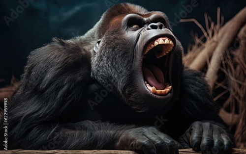 A mighty gorilla roars and shows his fangs. Great for stories on the jungle, adventure, travel, wildlife, animals, conservation, fantasy and more. 