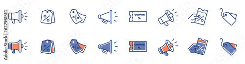 collection of shopping promotion tags, discount tickets, megaphone promo sale icon set advertising label symbol template for web and app illustration