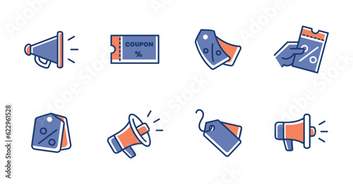 shopping promotion tags, discount tickets, megaphone promo sale icon set advertising label symbol illustration