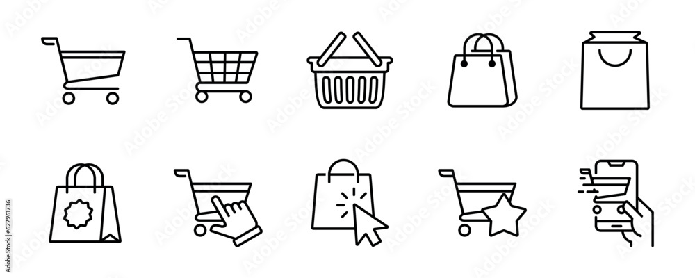 shopping bag icon set online purchase shopping cart trolley symbol outline style illustration vector design - obrazy, fototapety, plakaty 