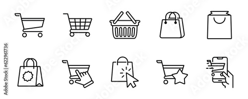 shopping bag icon set online purchase shopping cart trolley symbol outline style illustration vector design