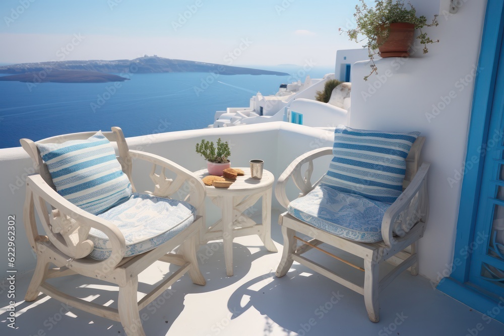 Modern balcony in Santorini, offering a luxurious space with chairs to enjoy the captivating sunny sea views.3d render...