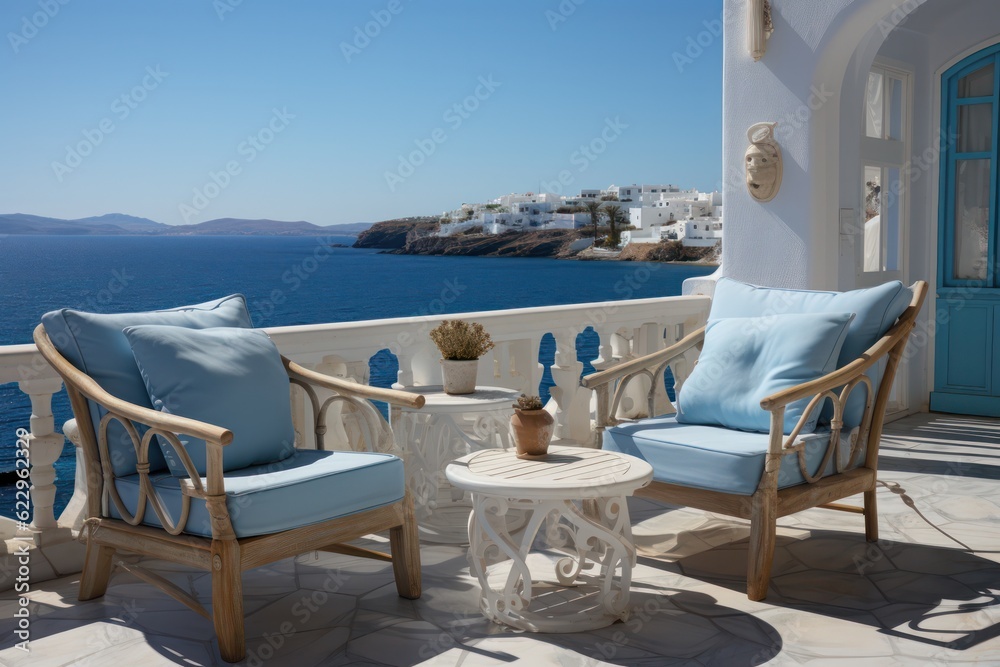 Modern balcony in Santorini, offering a luxurious space with chairs to enjoy the captivating sunny sea views.3d render...