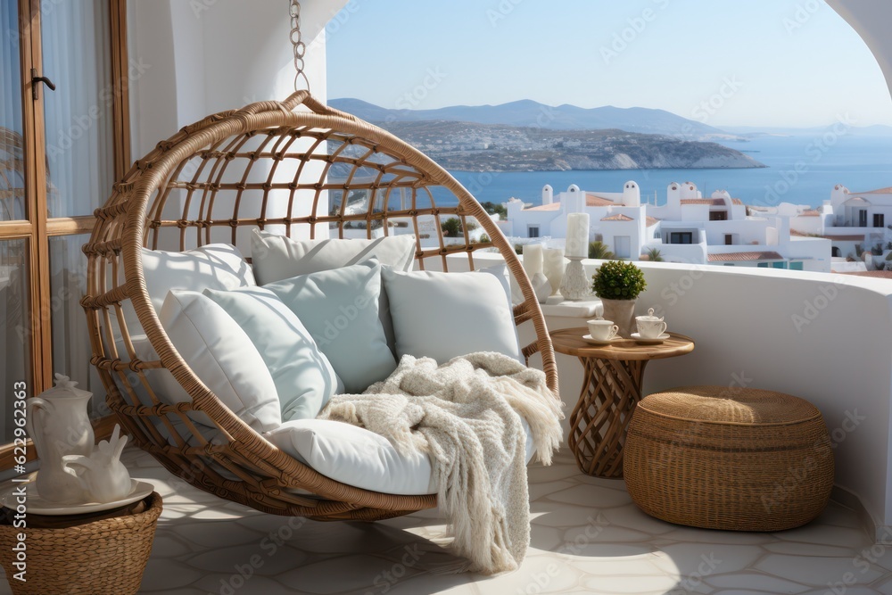 Modern balcony in Santorini, offering a luxurious space with chairs to enjoy the captivating sunny sea views.3d render... Modern balcony in Santorini, offering a luxurious space with chairs to enjoy the captivating sunny sea views.3d render...