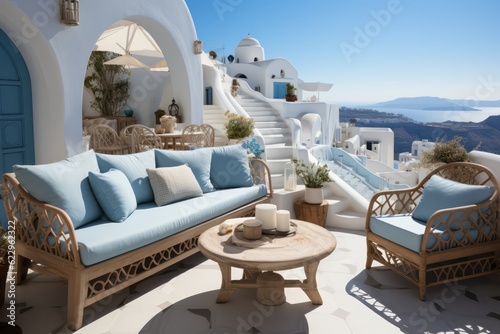 Modern balcony in Santorini, offering a luxurious space with chairs to enjoy the captivating sunny sea views.3d render... © aboutmomentsimages