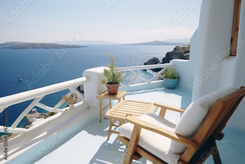 Modern balcony in Santorini, offering a luxurious space with chairs to enjoy the captivating sunny sea views.3d render...