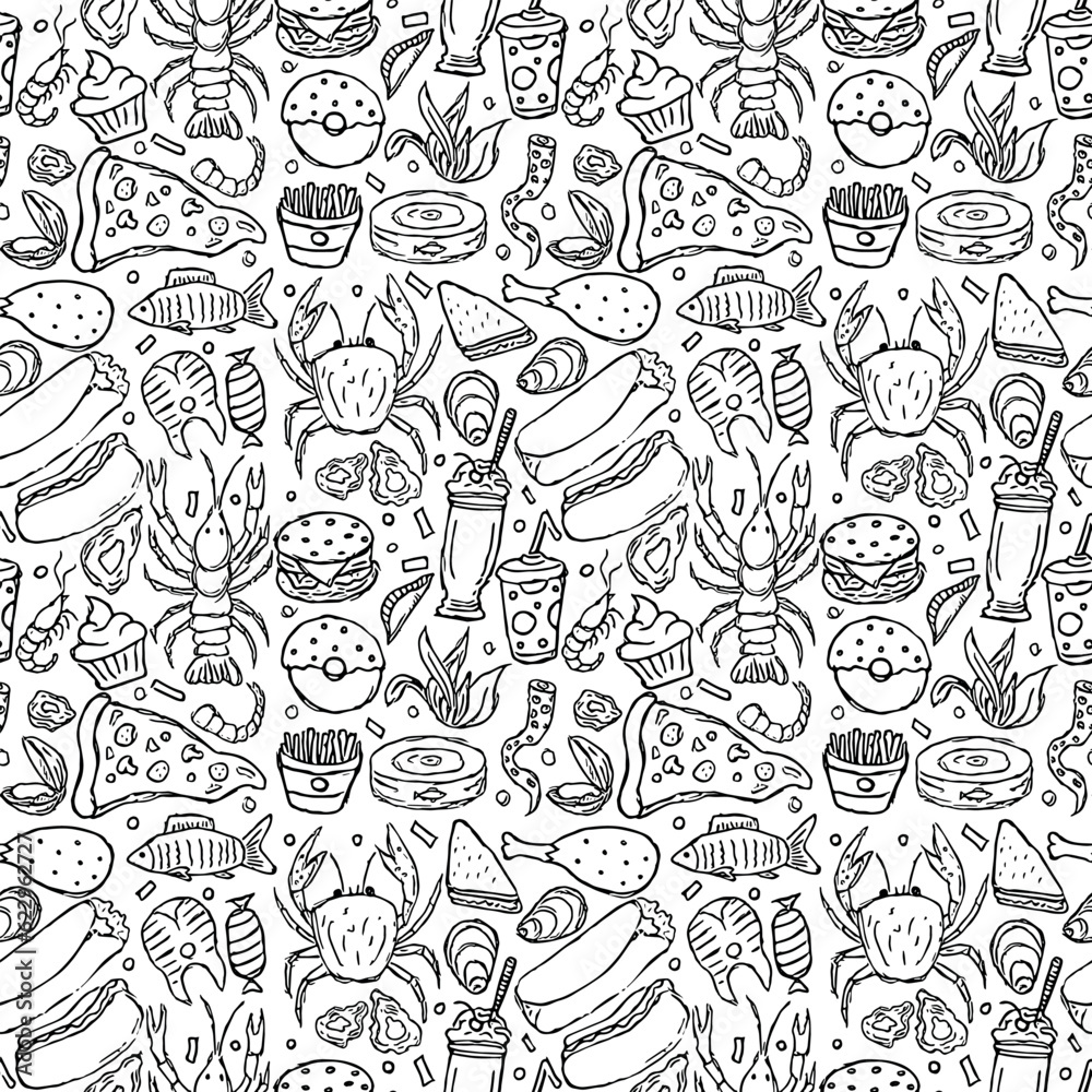 Seamless food pattern. Doodle food background