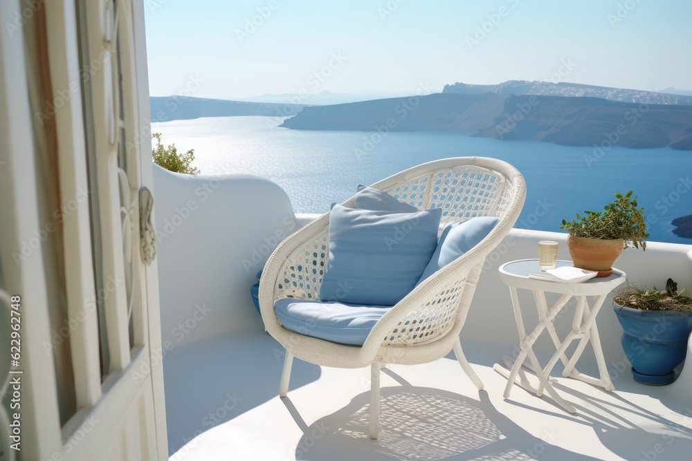 Elegant balcony in Santorini with sleek chairs, perfect for enjoying the sunny weather and breathtaking sea views