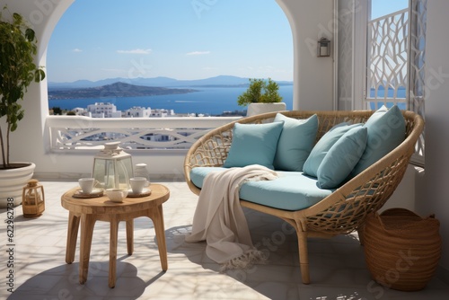 Elegant balcony in Santorini with sleek chairs  perfect for enjoying the sunny weather and breathtaking sea views
