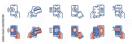 cashless mobile payment qr code icon set vector pos shopping smartphone secure money transfer symbol illustration