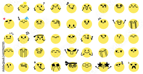 Face emoticons in a cartoon style, Hand drawn with flat design, emoji, and vector illustration icons set