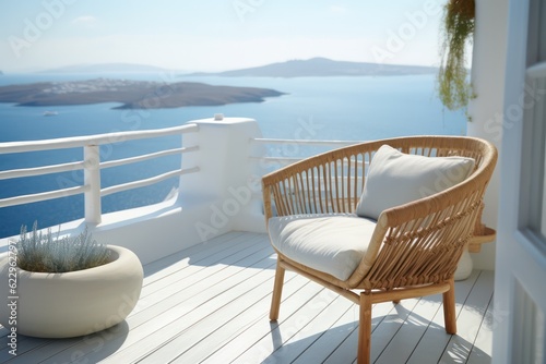 Elegant balcony in Santorini with sleek chairs  perfect for enjoying the sunny weather and breathtaking sea views