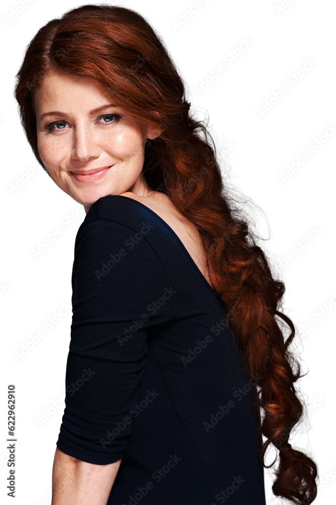 Beauty, hair style and smile with portrait of woman on png for red head, cosmetics and salon treatment. Happy, haircare and glow with face of person isolated on transparent background for self care Beauty, hair style and smile with portrait of woman on png for red head, cosmetics and salon treatment. Happy, haircare and glow with face of person isolated on transparent background for self care