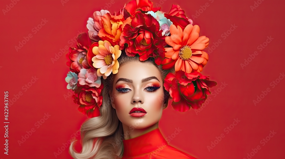 Beautiful model with flowers at hair on red backgroundd. Perfect woman face makeup close up. Lipstick. Perfect skin.